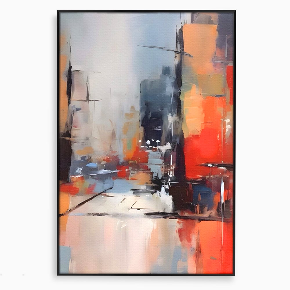 Tablou canvas cu pictura abstracta cu oras si cladiri, in rama de aluminiu negru